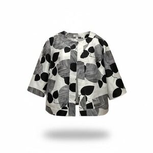 Dressbarn Black White Leaf Print Collarless Open Front Jacket Women 18/20